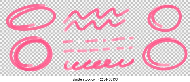 Sketch marker highlight oval frames, strokes, underline, checkmarks, lines, emphasis, waves set. Hand drawn doodle oval, check mark and underline. Vector freehand illustration on white background.