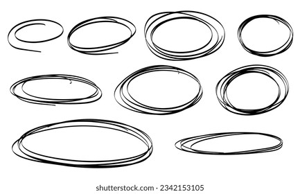 El marcador de esbozo resalta los marcos ovalados. La garrapata de trazo subraya el juego de énfasis de líneas. Ovalado de doodle dibujado a mano. Ilustración vectorial a mano alzada sobre fondo blanco.