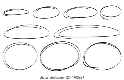 Sketch Marker Stift markieren ovale Rahmen. Schlagschrott unterstreichen die Hervorhebung gesetzt. Handgezeichnetes Doodle-Oval. Vektorgrafik auf weißem Hintergrund.