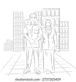 sketch of a married couple of office workers standing together with a backdrop of tall buildings