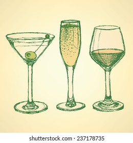 Sketch martini, champagne and wine glass in vintage style, vector 