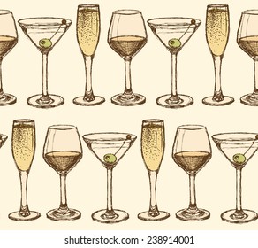 Sketch martini, champagne and wine glass in vintage style, vector seamless pattern 