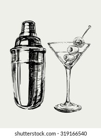 Sketch Martini Cocktails with Olives and Shaker Vector Hand Drawn Illustration Drinks