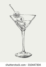 Sketch  Martini Cocktails with Olives Vector Hand Drawn Illustration