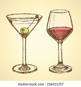 Sketch martini and wine glass in vintage style, vector