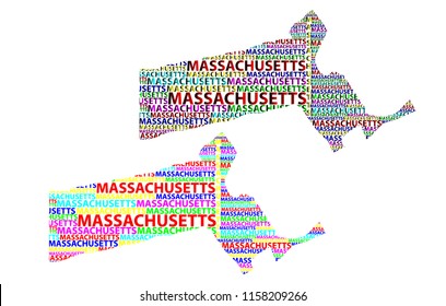 Sketch Massachusetts (United States of America, Commonwealth of Massachusetts) letter text map, Massachusetts map - in the shape of the continent, Map Massachusetts - color vector illustration