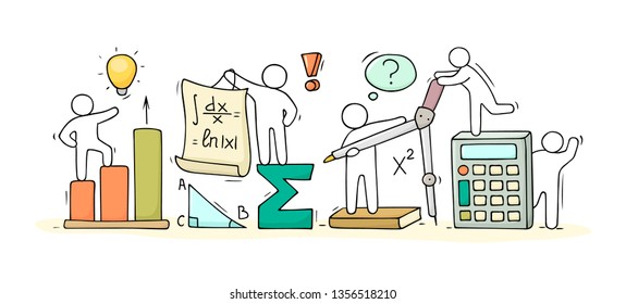 Sketch of math ckass with working little people. Doodle cute miniature of teamwork and science symbols. Hand drawn cartoon vector illustration for school subject design.