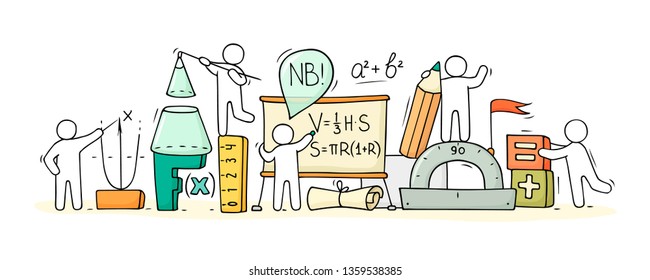 Sketch Of Math Ckass With Working Little People. Doodle Cute Miniature Of Teamwork And Science Symbols. Hand Drawn Cartoon Vector Illustration For School Subject Design.