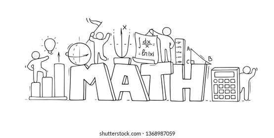 Sketch of math class with working little people. Doodle cute miniature of teamwork and science symbols. Hand drawn cartoon vector illustration for school subject design.