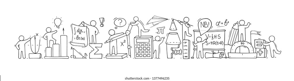 Sketch Of Math Class With Working Little People. Doodle Cute Miniature Of Teamwork And Science Symbols. Hand Drawn Cartoon Vector Illustration For School Subject Design.