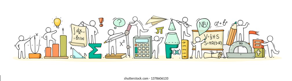 Sketch of math class with working little people. Doodle cute miniature of teamwork and science symbols. Hand drawn cartoon vector illustration for school subject design.