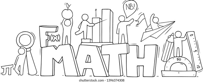 Sketch of math class with working little people. Doodle cute miniature of teamwork and science symbols. Hand drawn cartoon vector illustration for school subject design.