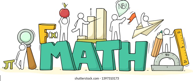 Sketch of math class with working little people. Doodle cute miniature of teamwork and science symbols. Hand drawn cartoon vector illustration for school subject design.