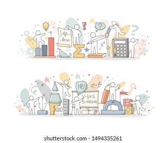 Sketch Of Math Class With Working Little People. Doodle Cute Miniature Of Teamwork And Science Symbols. Hand Drawn Cartoon Vector Illustration For School Subject Design.