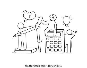 Sketch of math class with working little people. Doodle cute miniature of teamwork and mathematic objects. Hand drawn cartoon vector illustration for school subject design.