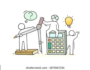 Esbozo de clase matemática con gente trabajadora. Doodle linda miniatura de trabajo en equipo y objetos matemáticos. Dibujo manual de ilustraciones vectoriales para el diseño de asignaturas escolares.