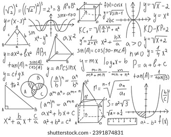 Sketch math symbols, equations and formulas and graphics hand written doodles vector illustration. Isolated set of mathematical science, algebra, trigonometry and geometry drawings, proof of theorems