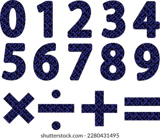 sketch of mathematical signs. isolated on white dark blue textured numbers. spotted neon numbers. 0 1 2 3 4 5 6 7 8 9 . multiply, divide, plus, equal. set. collection. pattern. calendar design.