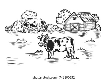Sketch Meadow with cow and barn, tree. Countryside with animal, outdoor view on ranch with cattle. Rural landscape. Dairy and husbandry, milk product and eco meat, yogurt and cheese, beef food theme
