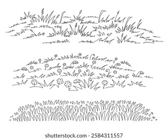 Sketch meadow grass. Line art spring field with natural wild grasses tufts and blooming wildflowers, simple hand drawn lawn grass decorative vector illustration set.