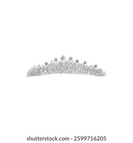 Sketch meadow grass. Line art spring field with natural wild grasses tufts and blooming wildflowers, simple hand drawn lawn grass decorative vector illustration icon