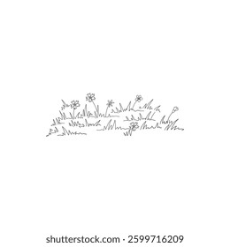 Sketch meadow grass. Line art spring field with natural wild grasses tufts and blooming wildflowers, simple hand drawn lawn grass decorative vector illustration icon