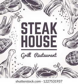 Sketch meat background. Grill food menu. Beef, pork and lamb barbecue and sausages. Vintage bbq meat hand drawn vector poster