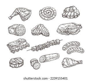 Sketch meat food. Grilled steak, sausages and kebab. Beef barbecue, pork ribs and grill chicken hand drawn engraving vector set of steak meat, barbecue food illustration