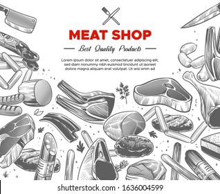 Sketch meat. Hand drawn meat organic products package design, beef and pork, sausage and lamb, ham pieces and chicken, food engraved vector background