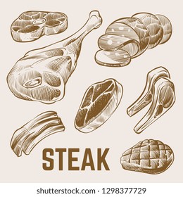 Sketch meat, hand drawn steak vector set