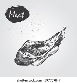 Sketch meat on white background. Hand drawn meat elements Retro style poster with cow banner vector illustration. Use for butcher shop, livestock farm.