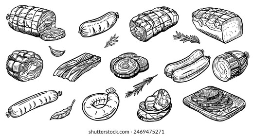 Sketch of meat products. Hand-drawn beef, lamb and pork steak extra or medium rare. Grilled sausages