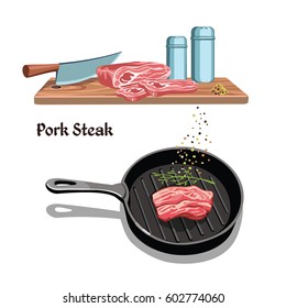 Sketch meat steak cooking template with pork frying on pan and  knife salt pepper on board isolated vector illustration