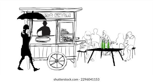 Sketch of meatball seller and roadside buyer. (Bakso, is a noodle soup with meat balls a popular food in Indonesia, sold day or night)