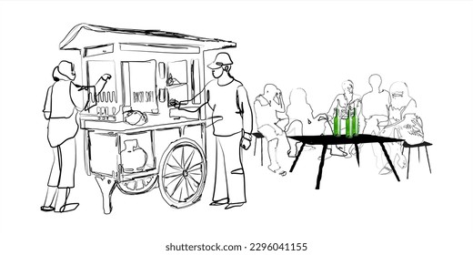 Sketch of meatball seller and roadside buyer. (Bakso, is a noodle soup with meat balls a popular food in Indonesia, sold day or night)