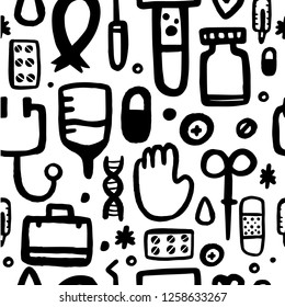 Sketch medical help seamless pattern with black medicine icons. Vector grunge design. Pharmacy doodle wallpaper