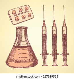 Sketch medical set in vintage style, vector