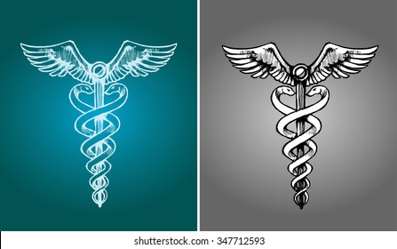 Sketch Medicine Symbol - Medical caduceus on blue and grey backgrounds