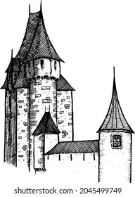 Sketch of the medieval Swiss castle of Aigle. Switzerland. Vector illustration. Sketch.