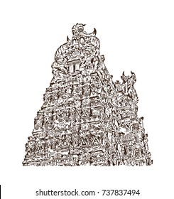 Sketch of Meenakshi Amman Temple, Madurai, Tamil Nadu, India in vector illustration. 