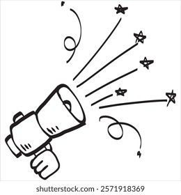 Sketch megaphone message sticker. Drawing doodle bullhorn news speaker. Drawn announcement advertising. Loudspeaker attention announce.