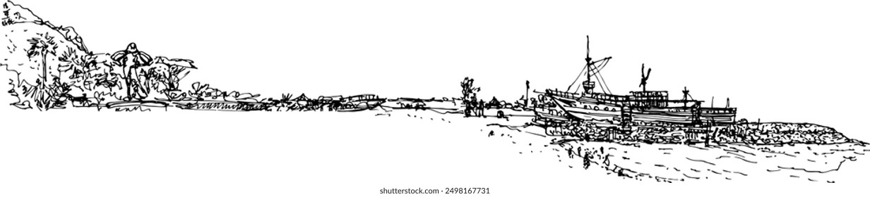 Sketch Melasti Ungasan Beach, panorama from the beach club with the statue of a girl to the imitation ship built on the shore, the southernmost point of Bali, Indonesia