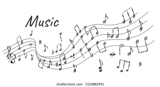 Sketch melody background with music stave wave, notes and signs. Doodle curved song line. Sound harmony. Classic music symbol vector concept. Illustration of music melody, classical treble