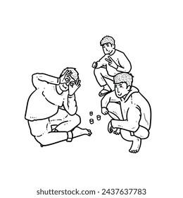 Sketch Men boys chilling hang out on road with coffee asian squat isolated on white background vector modern illustrations