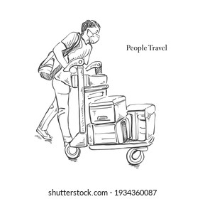 Esquisse Hommes portant des bagages à l'aéroport - Illustration dessinée à la main, Plan eps10.