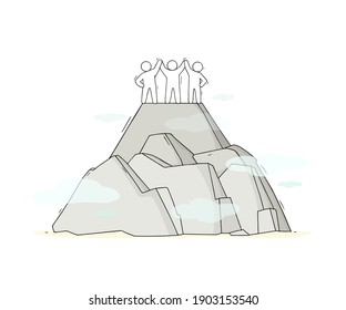 Sketch of men on mountain top. Doodle cute scene about leadership. Hand drawn cartoon vector illustration for business design.