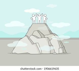 Sketch of men on mountain top. Doodle cute scene about leadership. Hand drawn cartoon vector illustration for business design.
