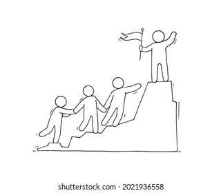 Sketch of men on mountain top. Doodle cute scene about leadership. Hand drawn cartoon vector illustration for business design.