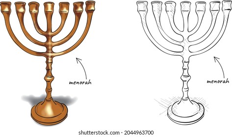 Sketch of a menorah without candles on a white background for use in travel postcards, invitation cards, and banners. Israeli Jewish tradition. Hanukkah.