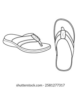 Sketch of men's flip flops sandals, open-toe casual sandal vector illustration. Insole shapes to the foot. Outline vector doodle illustration, side, and top view.